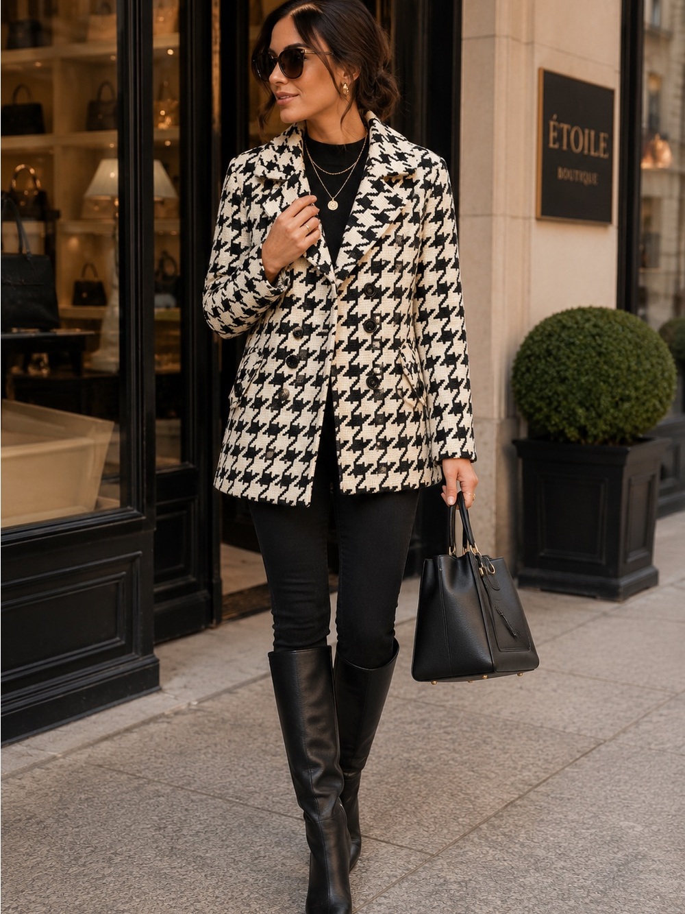 Candie's Cream & Black Houndstooth Peacoat Double Breasted Coat Classic Preppy - Picture 1 of 11